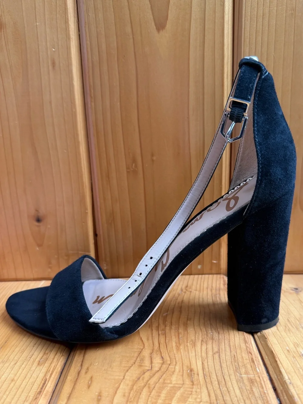 Size 8 Sam Edelman Yaro Black Suede High Heel Sandal Ankle Strap 4 in Block Heel